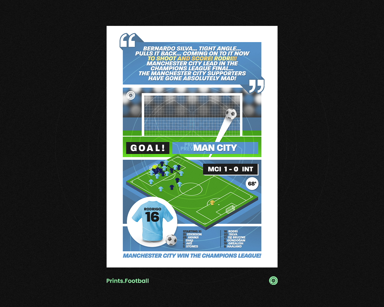 Rodri GOAL vs Inter Milan | Art Print | 2022/23 UEFA Champions League Final | Manchester City