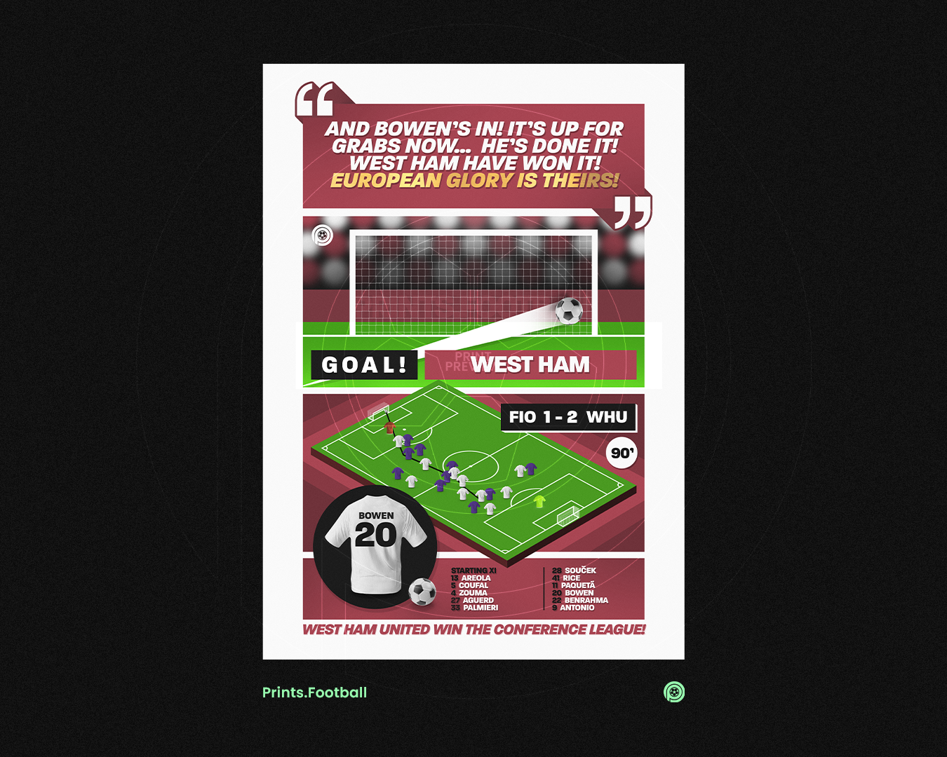 Jarrod Bowen GOAL vs Fiorentina | Art Print | 2022/23 UEFA Europa Conference League Final | West Ham United