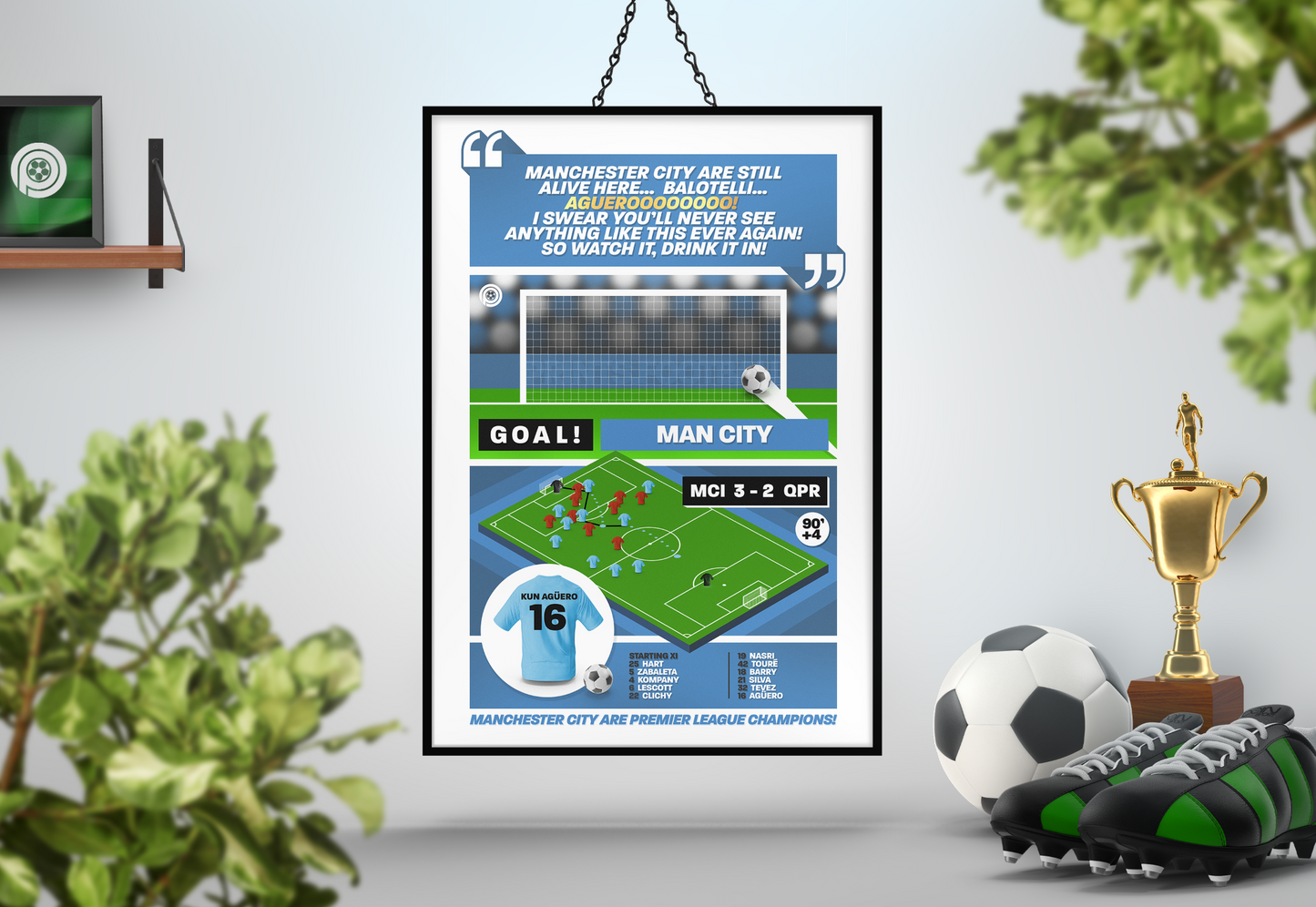 Sergio Agüero GOAL vs QPR | Art Print | 2011/12 Premier League Champions | Manchester City
