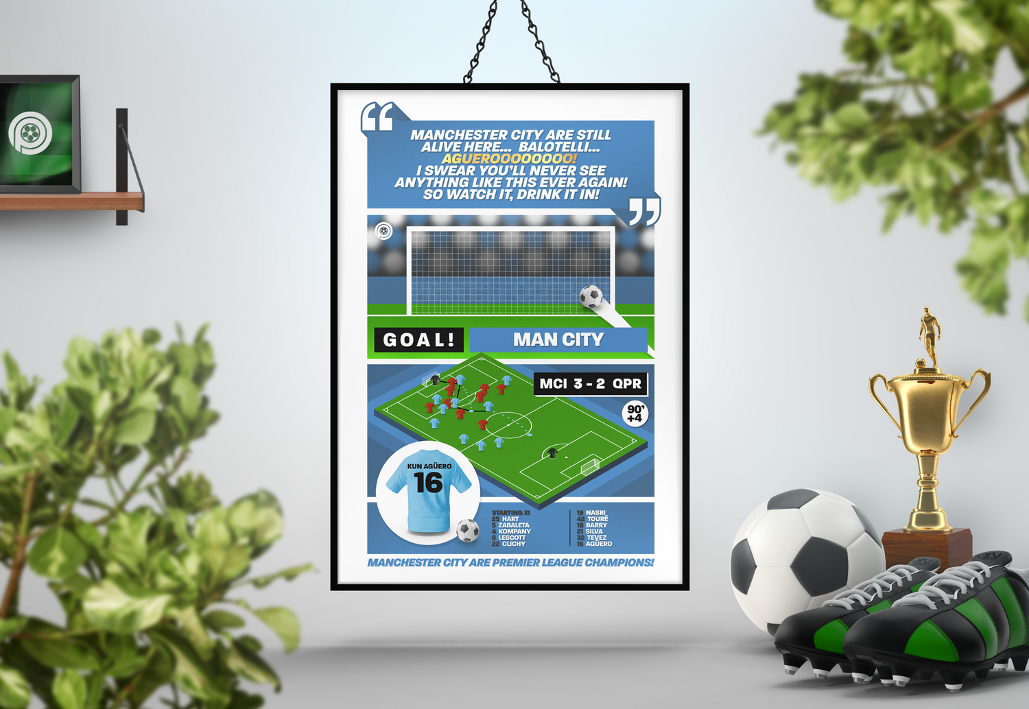 Sergio Agüero GOAL vs QPR | Art Print | 2011/12 Premier League Champions | Manchester City
