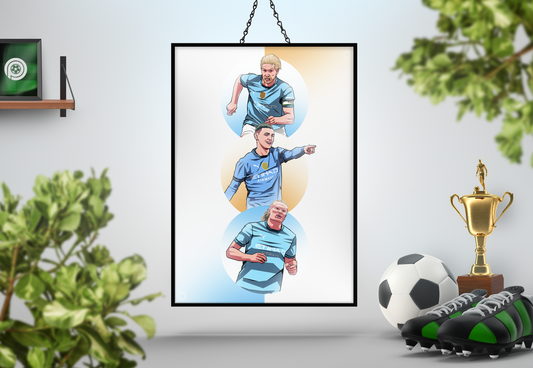 Kevin De Bruyne, Erling Haaland & Phil Foden Trio Spheres Art Print