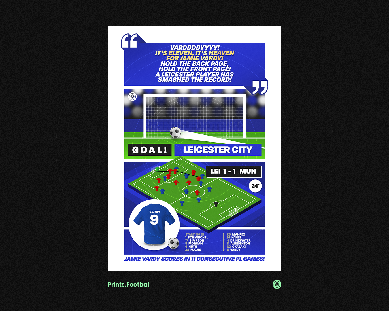 Jamie Vardy Record Breaking 11th GOAL vs Man United | Art Print | 2015/16 Premier League Champions | Leicester City