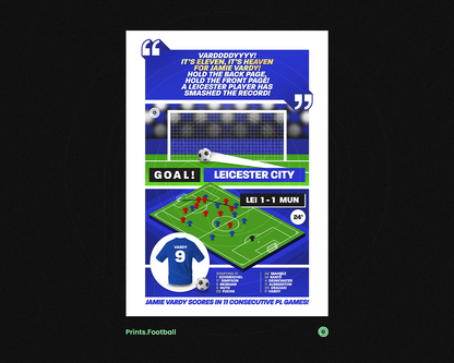 Jamie Vardy Record Breaking 11th GOAL vs Man United | Art Print | 2015/16 Premier League Champions | Leicester City