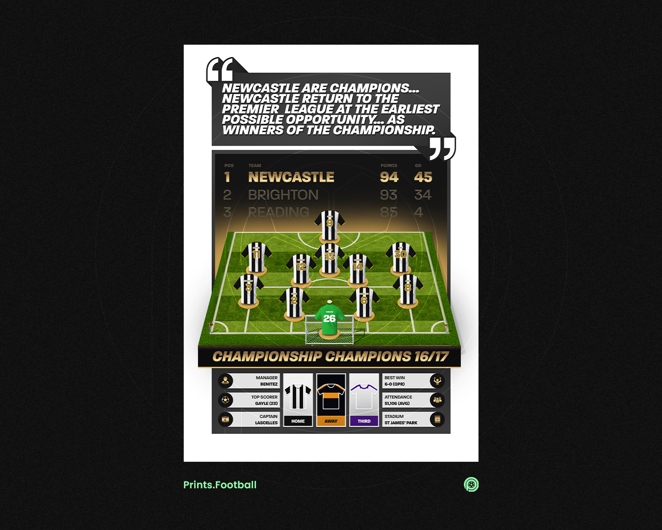 Newcastle United 16/17 Team Lineup Art Print