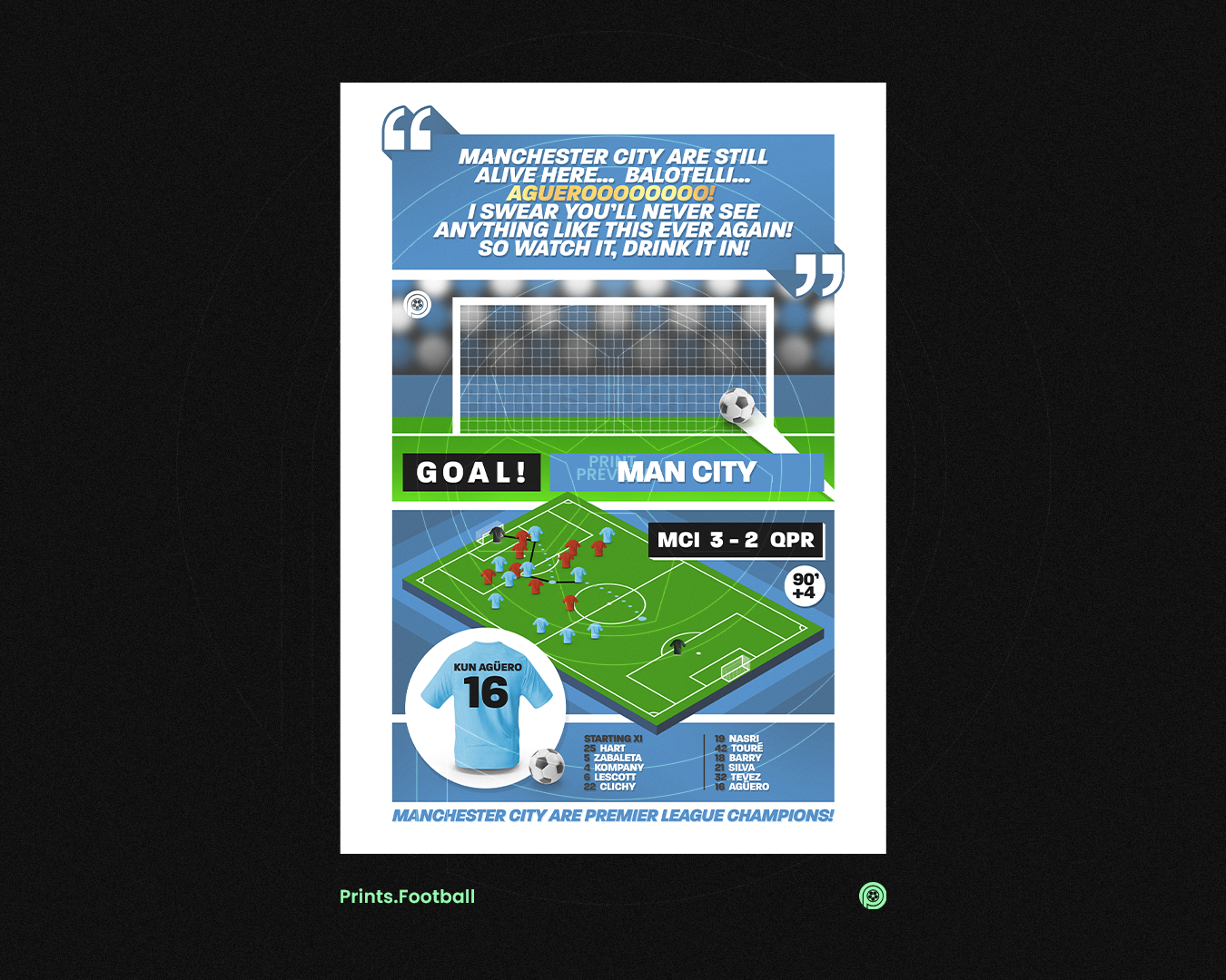 Sergio Agüero GOAL vs QPR | Art Print | 2011/12 Premier League Champions | Manchester City