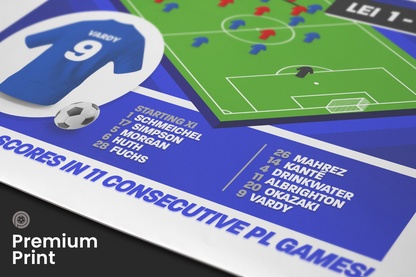 Jamie Vardy Record Breaking 11th GOAL vs Man United | Art Print | 2015/16 Premier League Champions | Leicester City